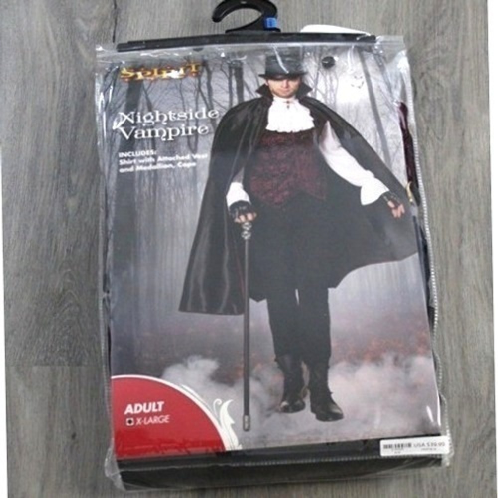 Spirit Halloween Nightside Vampire Adult Costume XL Black Burgundy Vest Cape